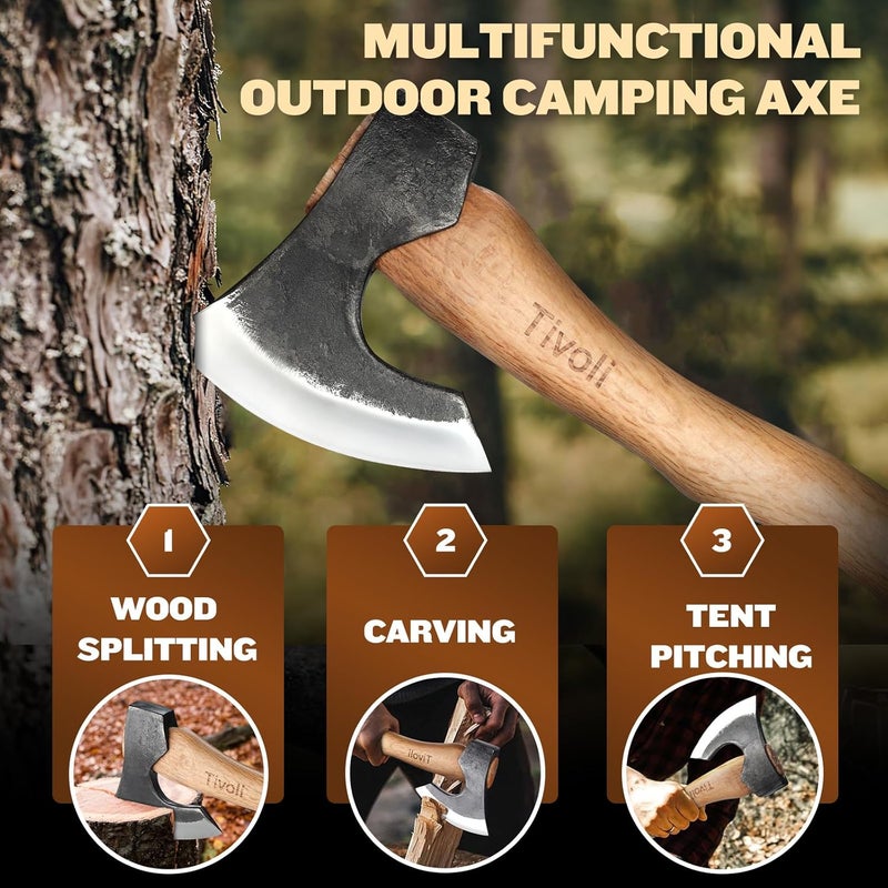 Tivoli 15 Inch Camping Axes and Hatchets, Bushcraft Axe for Wood Splitting and Kindling,Hand Forged Carbon Steel Chopping Axes Ash Wood Handle with Sheath for Camping and Survival - Image 4
